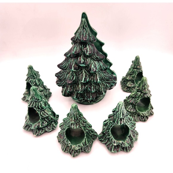 Other - Christmas Tree Napkin Holder & 6 Matching Napkin Rings Green Ceramic Vintage